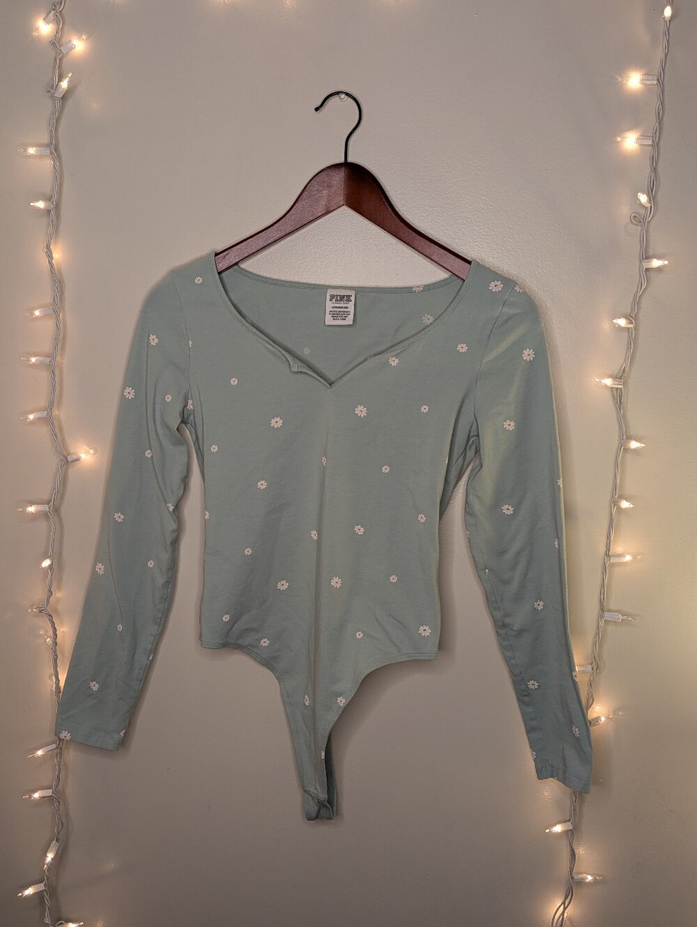 PINK Victoria's Secret Mint Green Long-Sleeve Daisy Bodysuit Size S